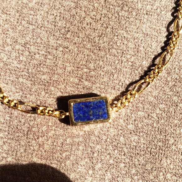 RARE Dainty Gold & Rectangle Blue Lapis Lazuli Chain Bracelet - Picture 8 of 14